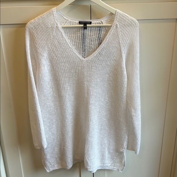 Eileen Fisher Women's White Open Knit V-Neck Long Sleeve Sweater Fisherman Large - Picture 3 of 13
